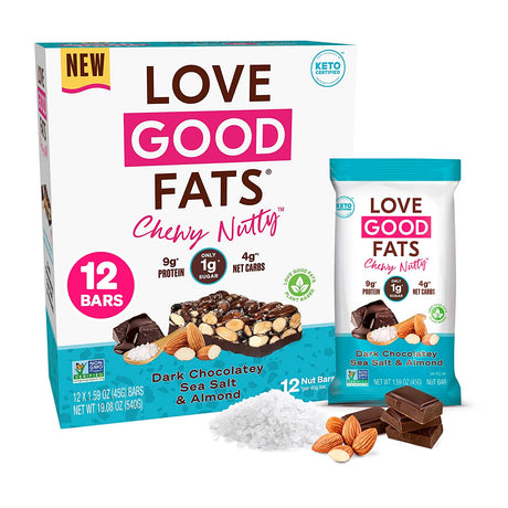 Love Good Fats Plant-Based Keto Protein Snack Bars - Dark Chocolate Sea Salt and Almonds - 13G Good Fats, 9G Protein, 4G Net Carbs, 1G Sugar, Gluten-Free, Non GMO - Dark Chocolatey Sea Salt & Almonds, 12 Pack