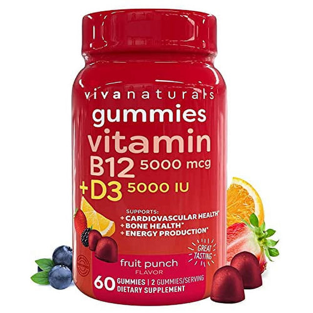 Vitamin B12 and Vitamin D3 5000 IU Gummies, 60 Count | Delicious Fruit Punch Flavor, Vitamin D Gummies and Methyl B12 Vitamins 5000 Mcg for Energy and Immune Support for Adults