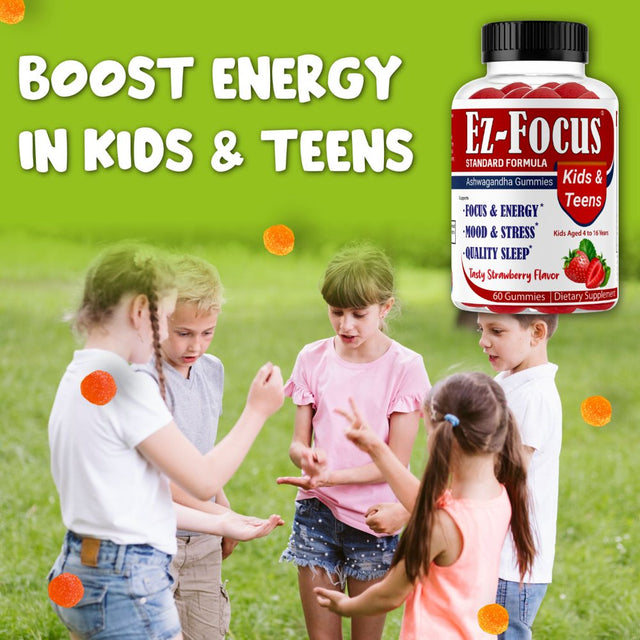 Ez-Focus Brain Booster Gummies for Kids & Teens -Brain Supplement with Omega, Support Focus, Memory, Concentration and Cognition - Vegan, Non-Gmo - 60 Gummies