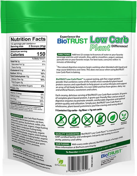 Biotrust Low Carb Plant, Delicious, Creamy, 20 Grams of Clean, Complete, Plant-Based Protein, 5 Grams Fiber, 15 Superfoods, Vegan, Dairy-Free -14 Servings (Vanilla Carmel)