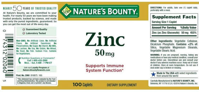 Nature'S Bounty Zinc 50 Mg Caplets 100 Ea (Pack of 4)