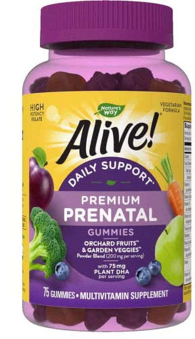 Natureâ€™S Way Alive! Complete Premium Prenatal Gummy Multivitamin, High Potency Folate, Plant-Based DHA, Vegetarian, Strawberry and Lemon Flavored Gummies, 75 Gummies