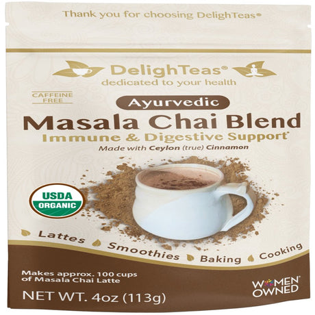 Delighteas Organic Masala Chai Powder for Chai Spice Tea Latte | Digestion and Immune Support | Ayurvedic Spices for Chai Latte | Caffeine Free, Unsweetened, Vegan, Keto (100 Servings, 4 Oz.)