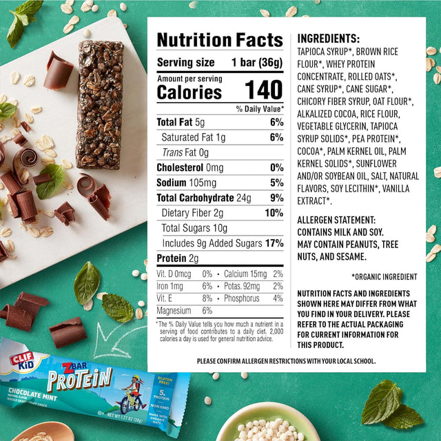 CLIF Kid Zbar Protein - Chocolate Mint - Crispy Whole Grain Snack Bars - Made with Organic Oats - Non-Gmo - 5G Protein - 1.27 Oz. (15 Pack)