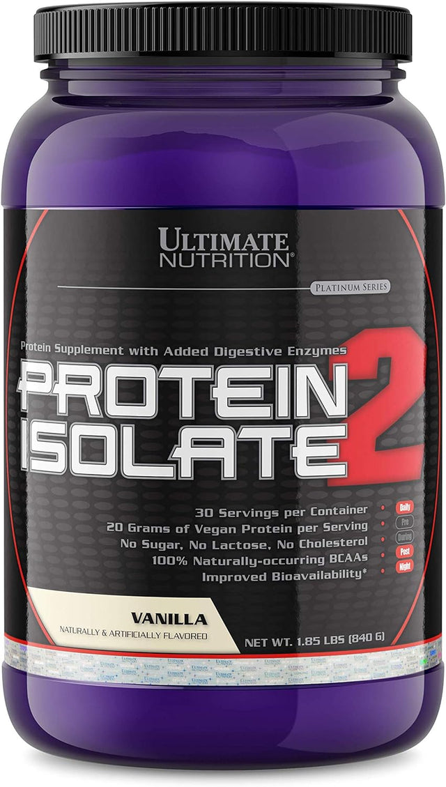 Ultimate Nutrition Vegan Plant Based Protein Isolate Powder - No Sugar and No Lactose - 20 Grams of Protein per Serving with 100% Naturally Occurring Bcaas, Vanilla, 2 Pounds