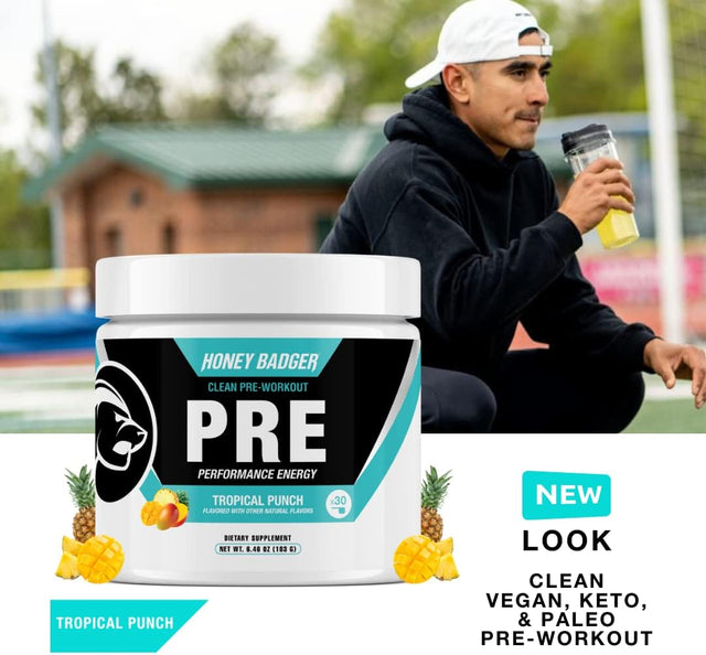 Honey Badger Pre Workout Powder | Vegan Keto Tropical Punch Preworkout | Natural Energy for Men & Women | Beta Alanine, Caffeine & Vitamin C for Immune Support | Sugar Free & Paleo | 30 Servings