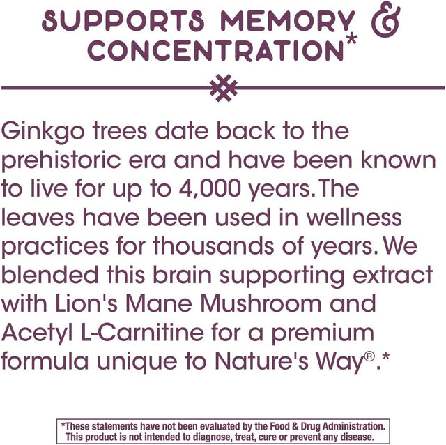 Nature'S Way Premium Blend Cognitive Focus with Gingko, Lion'S Mane & Acetyl L-Carnitine, Supports Memory and Concentration*, 30 Capsules