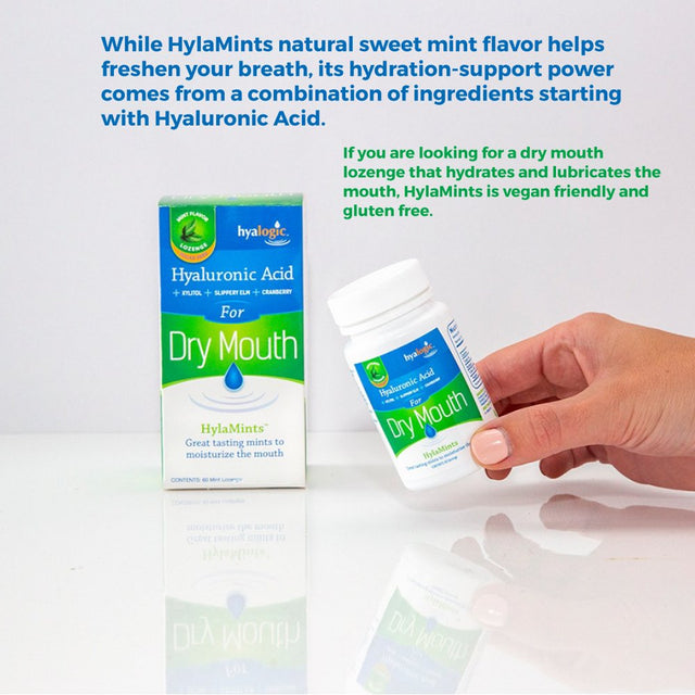 Hyalogic Hyamints Breath Mints for Dry Mouth- Sugar Free Mint Flavor— Natural Breath Freshener W/Hyaluronic Acid, Cranberry Extract, Xylitol, Slippery Elm, Orange Pectin (60 Count)