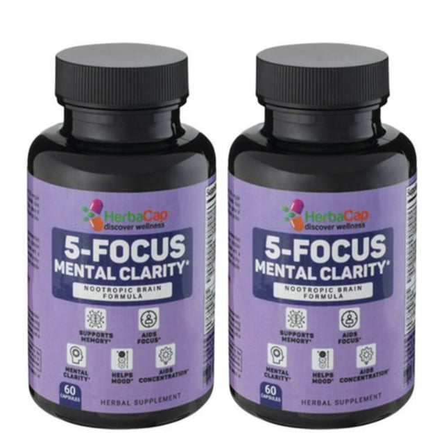 Herbacap 5-Focus Mental Clarity Supplement (Pack of 2) for All Ages of Men & Women, Multivitamin Supplement for Boost Memory & Concentration, Enhance Cognitive & Brain Health