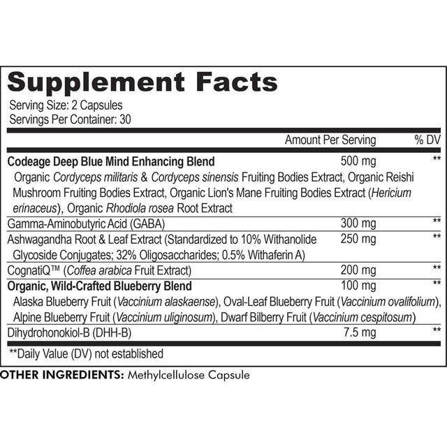 Codeage Meditate, GABA, Neurofactor, Ashwagandha, DHH-B, Organic Mushroom & Blueberry Herbal Formula, 60 Ct