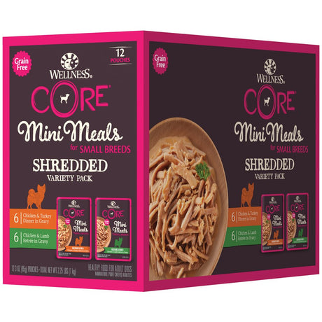 Wellness CORE Natural Grain Free Mini Meals Shredded Variety Pack, 3-Ounce (Pack of 12)