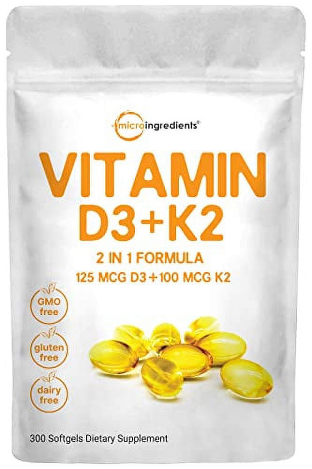 Vitamin D3 5000IU plus K2, 2 in 1 Formula, Vitamin D3 with MK7 Vitamin K2, 300 Soft-Gels, Immune Vitamin Complex with Virgin Sunflower Seed Oil, Support Heart, Teeth & Joint Health, Easy to Swallow