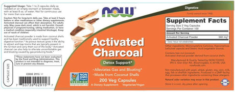 NOW Supplements, Activated Charcoal Made from Coconut Shells, Non-Gmo Project Verified, Detox Support*, 200 Veg Capsules