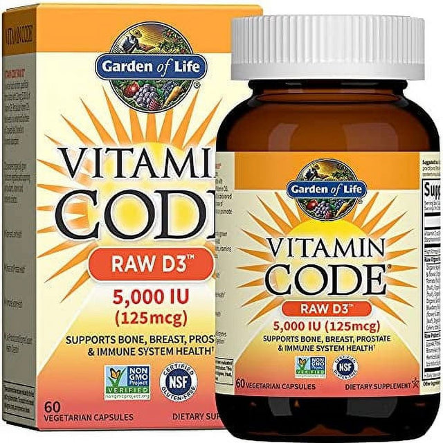 Garden of Life Vitamin D, Vitamin Code Raw D3, Vitamin D 5,000 IU, Raw Whole Food Vitamin D Supplements with Chlorella, Fruit, Veggies & Probiotics for Bone & Immune Health, 60 Vegetarian Capsules