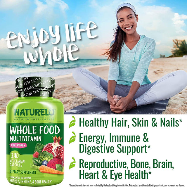 NATURELO Whole Food Multivitamin for Women - with Vitamins, Minerals, & Organic Extracts - Supplement for Energy and Heart Health - Non GMO - 240 Vegan Capsules