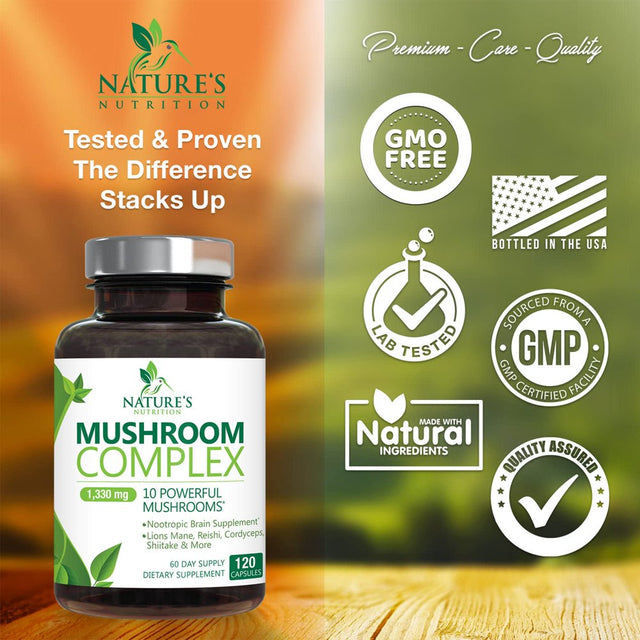 Mushroom Supplement - 10 Mushroom Complex Blend - Lions Mane, Reishi, Turkey Tail, Chaga, Cordyceps, Shiitake, Maitake - Nootropic Brain Supplement, Memory, Focus, Immune Health Support - 120 Count