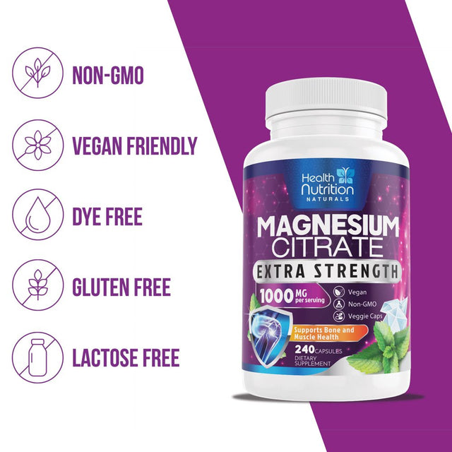 Magnesium Citrate Capsules 1000Mg - Max Absorption Magnesium Powder Capsules for Muscle, Nerve, Bone and Heart Health Support, High Absorption Citrate Complex, Gluten Free, Non-Gmo - 180 Capsules