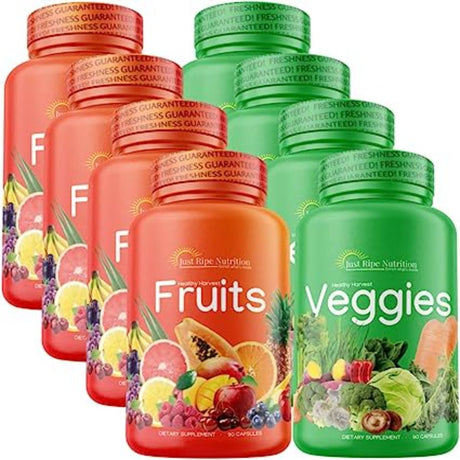 Just Ripe Nutrition Fruits and Veggies Supplement - 90 Fruit and 90 Vegetable Capsules - 100% Whole Natural Superfood - Filled with Vitamins and Minerals - Supports Energy Levels (4 Pack)