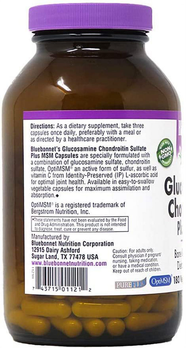 Bluebonnet Nutrition Glucosamine Chondroitin plus MSM, Glucosamine, Chondroitin Sulfate, Vitamin C & Optimsm, Bone & Joint Health, Non GMO, Gluten Free, Soy Free, Milk Free, 180 Vegetable Capsules