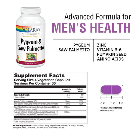 Solaray Pygeum and Saw Palmetto Berry Extracts | Mens Health & Prostate Function Support | Zinc, B-6, Pumpkin Seed & Amino Acids | 240 Vegcaps