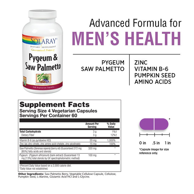 Solaray Pygeum and Saw Palmetto Berry Extracts | Mens Health & Prostate Function Support | Zinc, B-6, Pumpkin Seed & Amino Acids | 240 Vegcaps