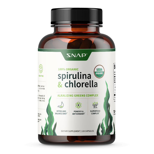 Snap Supplements Spirulina & Chlorella - Organic Heart Support & Natural Energy, 120 Capsules