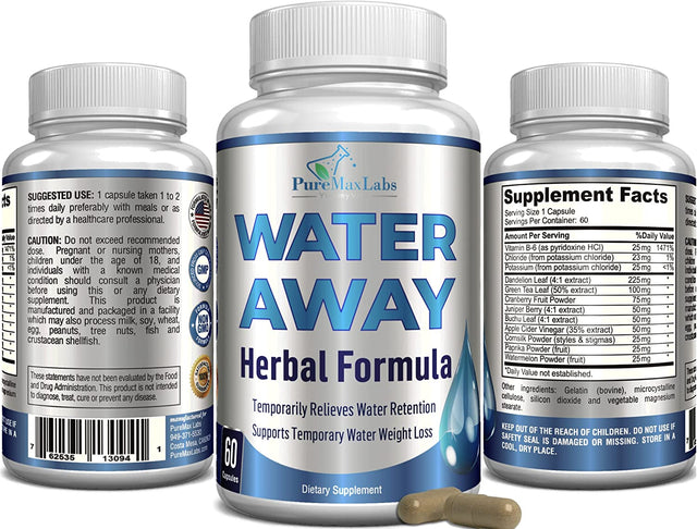 Water Away Gentle Herbal Diuretic - Natural Diuretic Water Pills - Relieve Bloating, Reduce Excess Water Weight with Dandelion Leaf, Green Tea, Detox Cleanse & Urinary Health. Non-Gmo, 60 Capsules