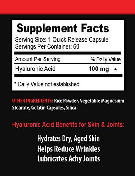 Anti Wrinkle Supplement - HYALURONIC Acid 100 Mg - Hyaluronic Acid Extra Strength - 1 Bottle 60 Capsules