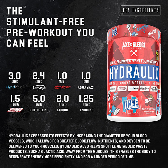 Axe & Sledge Supplements Hydraulic Stimulant-Free Pre-Workout Powder, ICEE Blue Raspberry, 40 Servings, (Pack of 1)