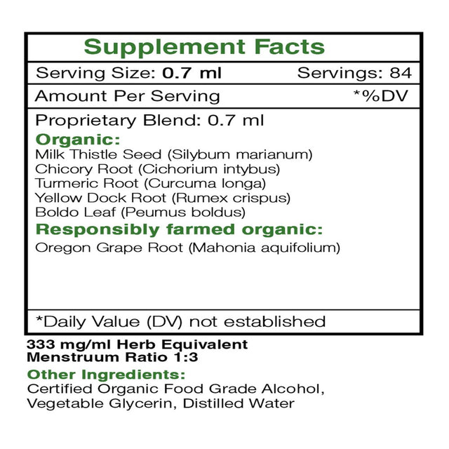 Liver Alcohol Extract, Tincture, Milk Thistle, Chicory, Turmeric, Yellow Dock, Boldo, Oregon Grape. Healthy Liver Formula 2 Oz