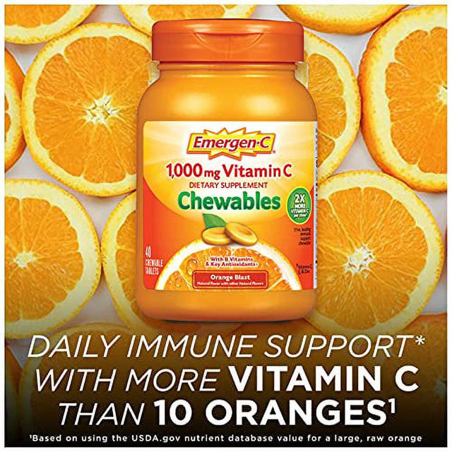 Emergen-C Chewable Vitamin C 1000Mg, with B Vitamins and Antioxidants Tablet (40 Count, Orange Blast Flavor), Dietary Supplement