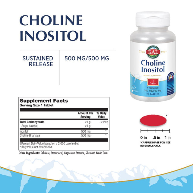 KAL Choline Inositol 195/500 Mg | 1 Daily, Sustained Release | Healthy Brain, Liver, Cell & Mood Support | 90 Tablets