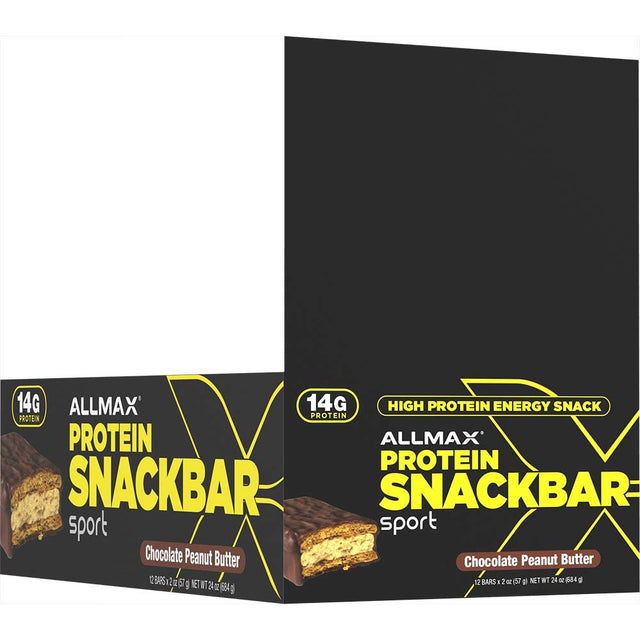 ALLMAX SPORT PROTEIN SNACKBAR, Chocolate Peanut Butter - Pack of 12 - High-Protein Energy Snack - 14 G of Protein per Bar - with Whey Protein Isolate