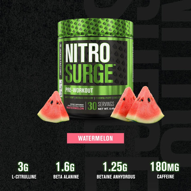 Jacked Factory NITROSURGE Pre Workout Supplement - Endless Energy, Instant Strength Gains, Clear Focus and Intense Pumps - NO Booster & Powerful Preworkout Energy Powder - 30 Servings, Watermelon