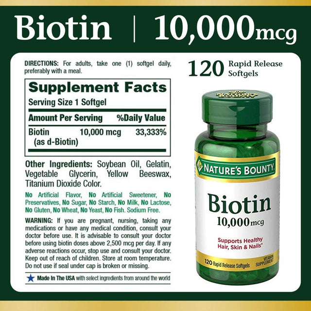 Nature'S Bounty Biotin Supplement, Supports Healthy Hair, Skin, and Nails, 10000Mcg, 120 Softgels