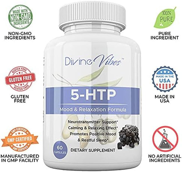 5-HTP 200Mg plus Calcium for Mood, Sleep, Stress Support - Boosts Serotonin Production - High Purity – 60 Capsules