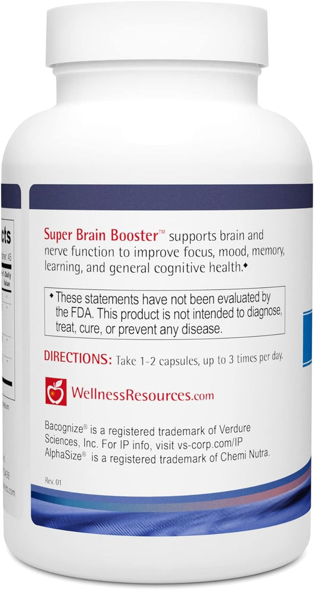 Wellness Resources Super Brain Booster with Phosphatidylserine, N-Acetyl Tyrosine, Alpha GPC and Bacopa for Mental Clarity, Focus and Memory (90 Capsules)