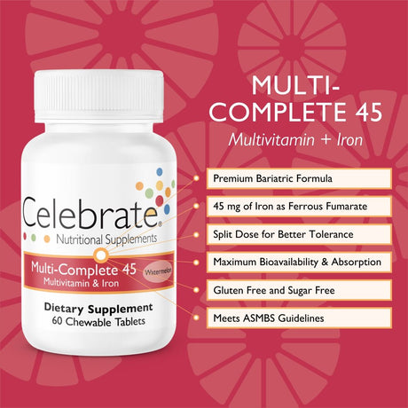 Celebrate Vitamins Multi-Complete 45 Bariatric Multivitamin with Iron Chewables, 45 Mg of Iron, Watermelon, 60 Count