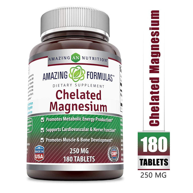 Amazing Formulas - Chelated Magnesium Dietary Supplement - 250 Milligrams - 180 Tablets (Non-Gmo) - Promotes Muscle and Bone Health - Supports Metabolic Energy Production. *