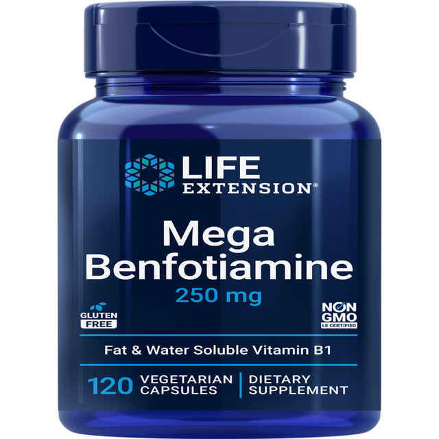 Life Extension Mega Benfotiamine, 250 Mg, a Fat-Soluble Form of Thiamine, Healthy Glucose Metabolism, Ultra-Bioavailable Vitamin B1, High Potency, Gluten-Free, Non-Gmo, Vegetarian, 120 Capsules