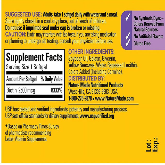 Nature Made Biotin 2500Mcg Liquid Softgels, 90 Ct