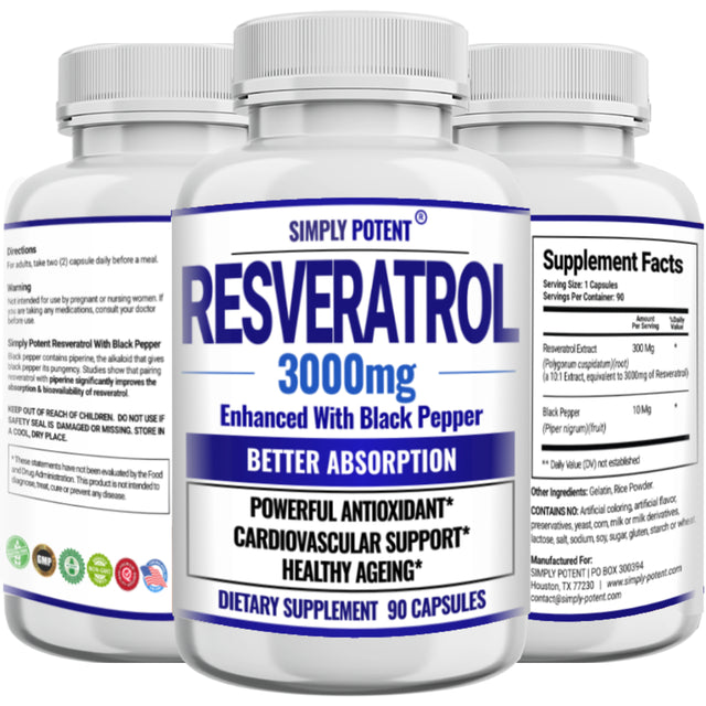 Resveratrol 3000Mg Supplement, Max Strength 3X Resveratrol 1000Mg, 90 Caps 3 Mon Supply, Enhanced with Black Pepper for Max Absorption, Powerful Antioxidant & Anti-Aging Pills for Heart, Immune & Skin