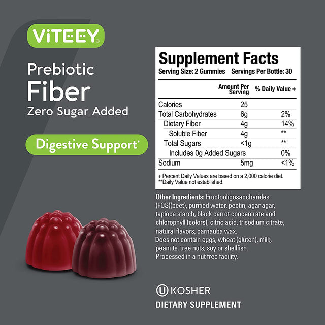 Viteey Fiber Prebiotic [Zero Sugar Added] Gummies - Digestive Heath Regularity Support, Natural Weight Support, Vegan Dietary Supplement, Good for Adults Teens & Kids - Fruit Flavored Pectin Gummy