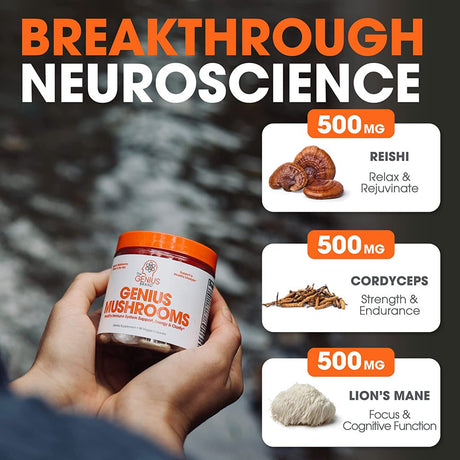 Mushroom Brain Supplement Nootropic with Lions Mane, Reishi, Codyceps for Energy & Focus, Genius Mushrooms by the Genius Brand