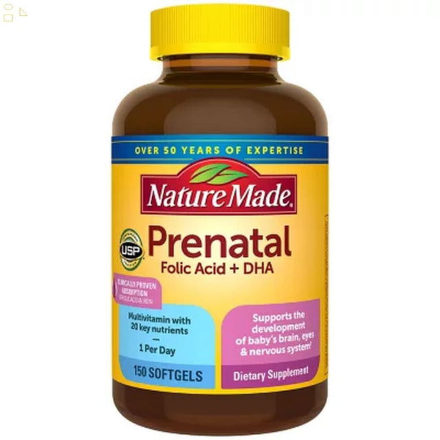 Nature Made Prenatal + DHA, 150 Softgels | Support the Development of Baby Brain, Nervous System, Bones and Eyes