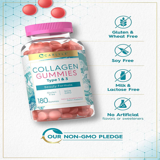 Collagen Gummies | 180 Count | Type 1 & 3 | Strawberry Flavored | by Carlyle