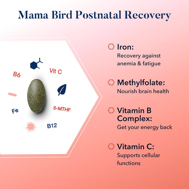 Mama Bird Postnatal Recovery, Once Daily, Replenish with Iron, L-Methylfolate (Folic Acid), Methylcobalamin (B12), Natural Vitamin, Repair and Support, 30 Ct