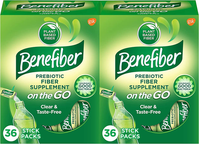 Benefiber on the Go Prebiotic Fiber Supplement Powder for Digestive Health, Daily Powder, Unflavored Stick Packs - 36 Sticks (Pack of 2)