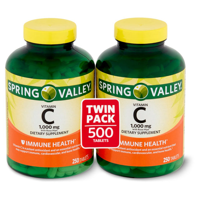 Spring Valley Vitamin C with Rose Hips Dietary Supplement Twin Pack, 1,000Mg, 250 Count, 2 Pack