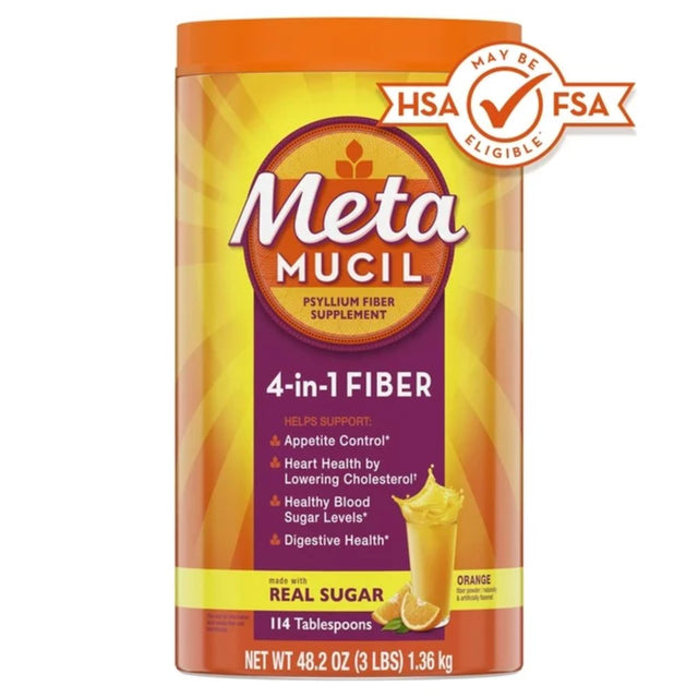 Metamucil Daily Fiber Supplement, Psyllium Husk Fiber Powder for Digestive Health, Orange, 114 Ct